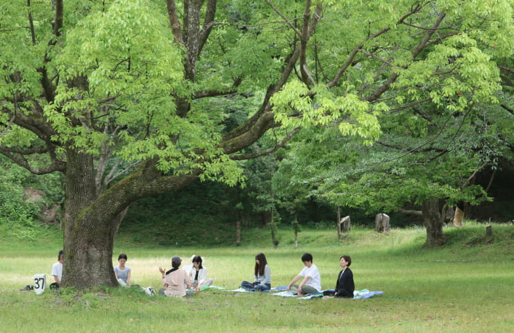 自然の中で輪になって対話する参加者たち